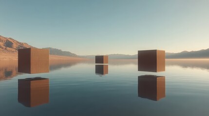 Poster - Three Brown Cubes Hovering Above a Calm Body of Water
