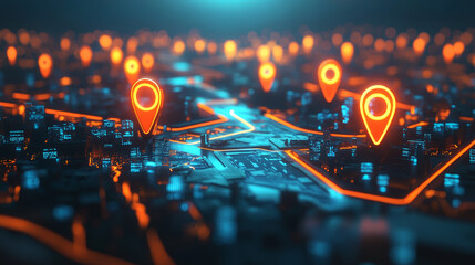Poster - Cityscape location icons of GPS navigation, High speed internet connection and big data analysis, Technology digital data network connection background 3d rendering