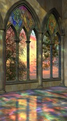 Poster - Stained Glass Windows Displaying Beautiful Light and An Outside View