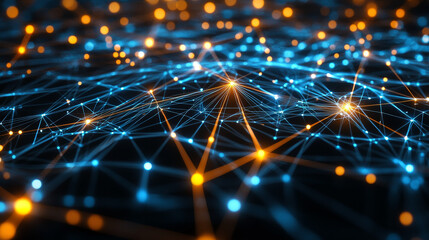 Fototapete - Digital Cyberspace with Line Neon Light, Network Connections, Technology Digital Abstract Background 3d rendering