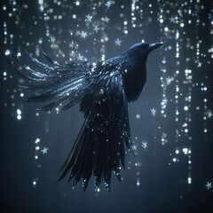 Canvas Print - A dark raven with shining feathers in a starlit environment