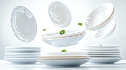 Poster - Collection of white plates with green leaves on them. The plates are arranged in a way that they appear to be flying through the air