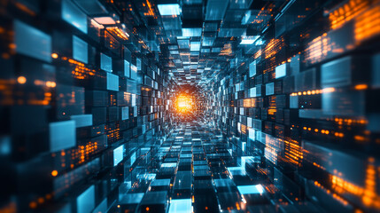 Poster - 3d Rendering Digital Tunnel with cube, Technology blockchain, and big data network connection, Technology abstract background.