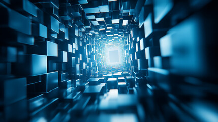 Poster - 3d Rendering Digital Tunnel with cube, Technology blockchain, and big data network connection, Technology abstract background.
