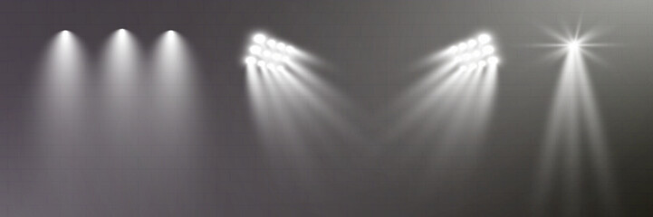 Poster - Realistic transparent spotlight effects set. Stage lighting, concert, show, stadium, theater illumination. Bright glow, beams, lens flare, shine, studio, photography light.
