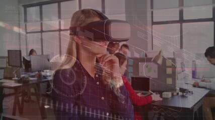 Poster - Woman using virtual reality headset with data processing animation over office scene