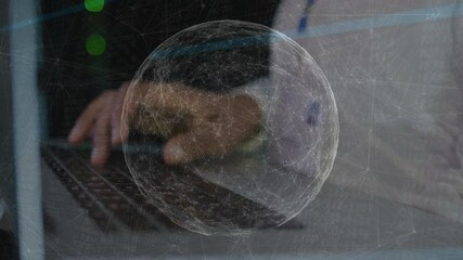 Aufkleber - Hands typing on laptop keyboard with digital globe network overlay animation