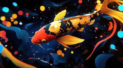 Wall Mural - A beautifully colored koi fish gracefully swims in dark water