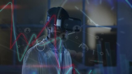 Poster - Wearing VR headset, person experiencing digital network animation in school setting