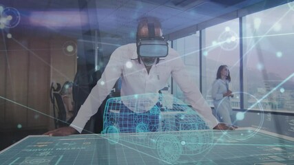 Poster - Using virtual reality headset, man viewing car animation in modern office