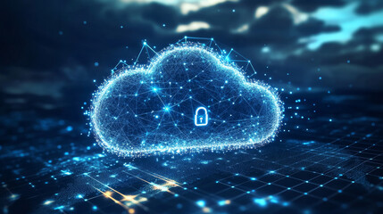 Poster - Cloud computing. A large geometric cloud stands out in the center. Shows the connection of polyhedrons and small padlocks inside. Below is the grid behind the abstract world map. dark blue background.