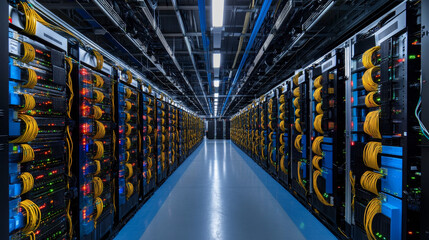 Poster - Data center isometric concept. Computing Big Data in Datacenter. Big server rack connected at hardware infrastructure. Computer networks technology and AI data analyzing. Supercomputer in Datacenter.