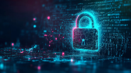 Poster - Spherical interconnected polygons, with a large padlock inside, prominent in the center, light below. Binary code polygons and small padlocks Center focus, blur outside with dark blue background.