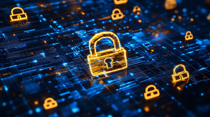 Poster - Spherical interconnected polygons, with a large padlock inside, prominent in the center, light below. Binary code polygons and small padlocks Center focus, blur outside with dark blue background.