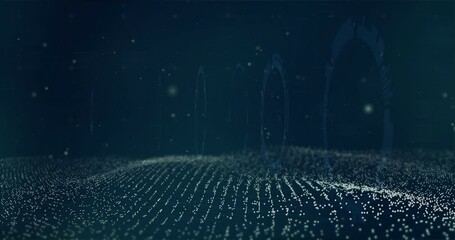 Poster - Forming wave patterns, digital particles creating animation in dark, abstract space