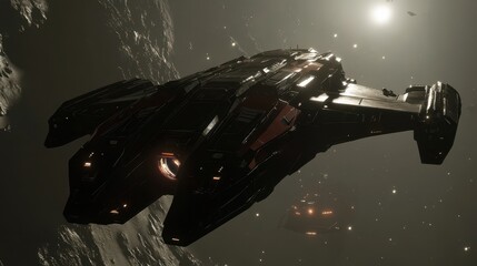 Poster - A massive spaceship flying near celestial bodies through space