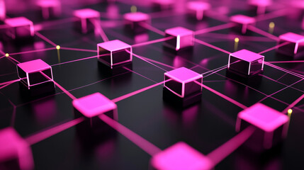 Poster - Decentralized digital technology concept of blockchain. Small particle square boxes connecting abstract world map polygons on a dark pink background. 3d rendering.