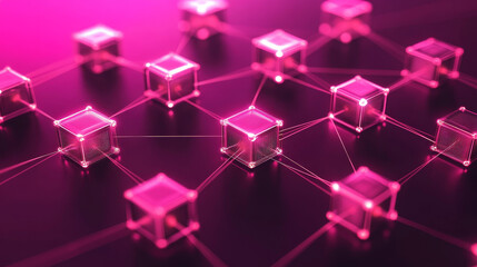 Poster - Decentralized digital technology concept of blockchain. Small particle square boxes connecting abstract world map polygons on a dark pink background. 3d rendering.