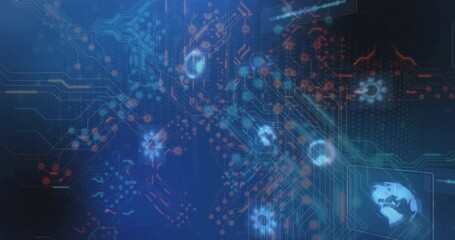 Poster - Animation of glowing digital circuit patterns over world map on blue background