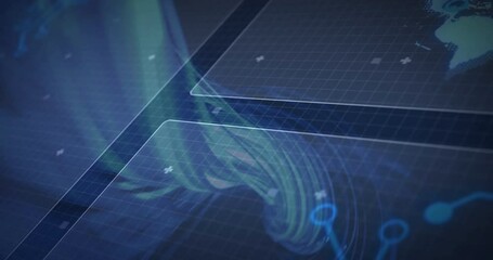 Poster - Abstract digital interface with blue grid and flowing lines animation