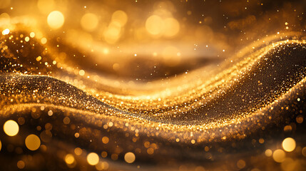 Poster - Abstract gold color digital particles wave with bokeh and light background