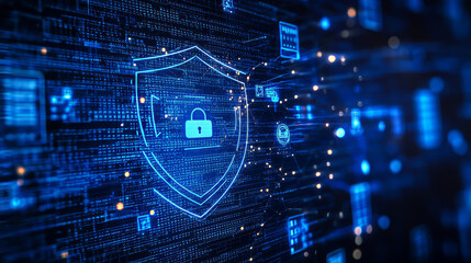 Poster - cybersecurity data protection digital technology concept internet network connection. Icons and polygons are connected inside the prominent shield on the right. binary code on dark blue background.
