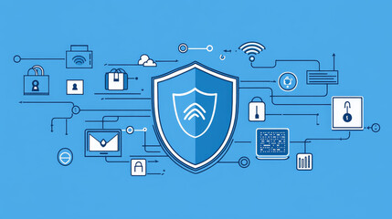 Poster - Cybersecurity data protection technology concept internet connection online network. There is a prominent shield on the right. Interconnected polygon binary code on dark blue background.