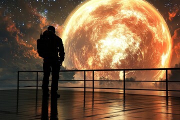 Wall Mural - an astronaut observes an enormous fiery planet in outer space