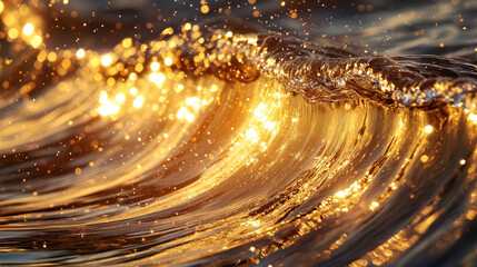 Poster - Abstract gold color digital particles wave with bokeh and light motion background