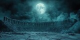 A full moon illuminates an ancient amphitheater beneath dark clouds