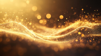 Poster - Digital particles wave flow gold color with bokeh abstract motion background concept