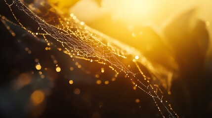 Golden Dewdrops on Spiderweb at Sunrise Nature Macro Photography