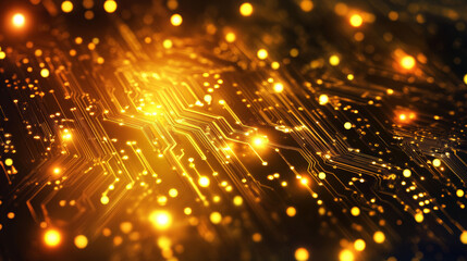 Poster - Abstract digital glowing neon light gold color background.