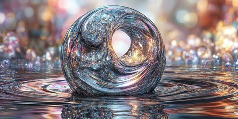 Poster - A metallic toroid shape reflects light on a rippled water surface