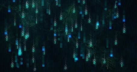 Poster - Animation of binary code and blue squares cascading over digital matrix background