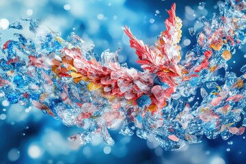 Poster - Colorful floral arrangement flowing within water with a blue background