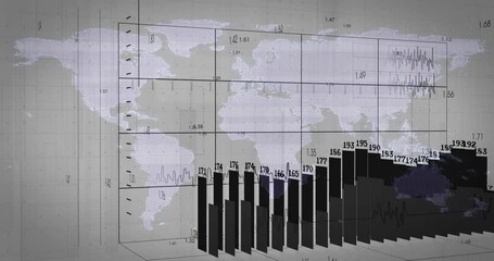 Poster - Animation of bar graph and line chart illustrating data trends on world map