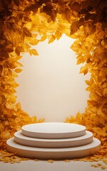 Fototapete - A podium surrounded by golden autumn leaves, creating a warm and elegant seasonal atmosphere