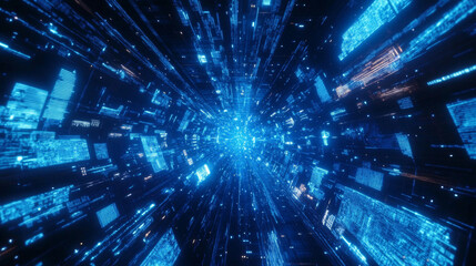 Poster - Blue digital cyberspace and digital matrix with particles and lighting. Digital data network connections and digital data analysis process concept. abstract background.