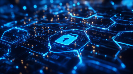 Poster - Cybersecurity shield icon with a keyhole, displayed on a blue hexagonal grid. Ideal for illustrating data protection, encryption, and secure digital networks. Technology background. 3D Rendering
