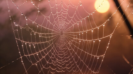 Spiderweb glistening with dewdrops at sunrise. A testament to nature's intricate artistry in the serene embrace of morning.
