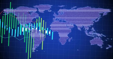 Wall Mural - Visualizing global financial data, animation of graphs over world map background