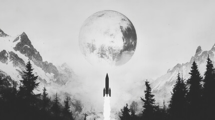 Poster - Rocket ship in a flat style.Vector illustration with 3d flying rocket.Space travel to the moon.Space rocket launch.Project start up and development process.Innovation product,creative idea.Management.