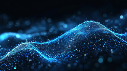 Poster - Abstract blue color digital particles wave flow. Technology background concept