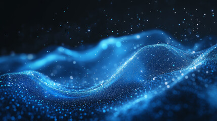 Poster - Abstract blue color digital particles wave flow. Technology background concept