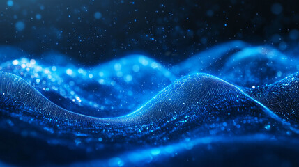 Poster - Abstract blue color digital particles wave flow. Technology background concept