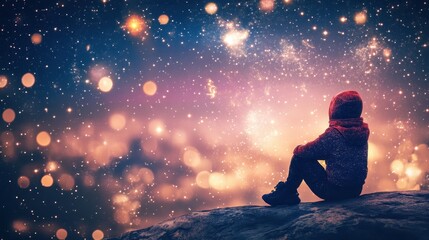 Wall Mural - person watching the starry sky sitting on a rocky surface