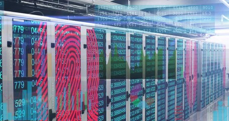 Poster - Animation of fingerprint and digital data overlaying servers in data center