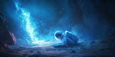 Wall Mural - an astronaut kneeling before a brilliant cosmic nebula in space