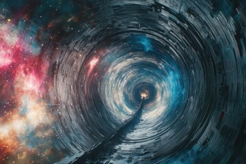 Poster - A futuristic tunnel leads through the colorful cosmic universe